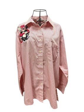 Hana Pink Striped Button-Up Shirt with Embroidered Cat 🐈‍⬛ Patch Large
